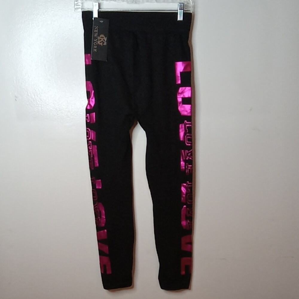 NWT CK New York Women's Size Small Black Leggings with Shiny Pink Lettering LOVE